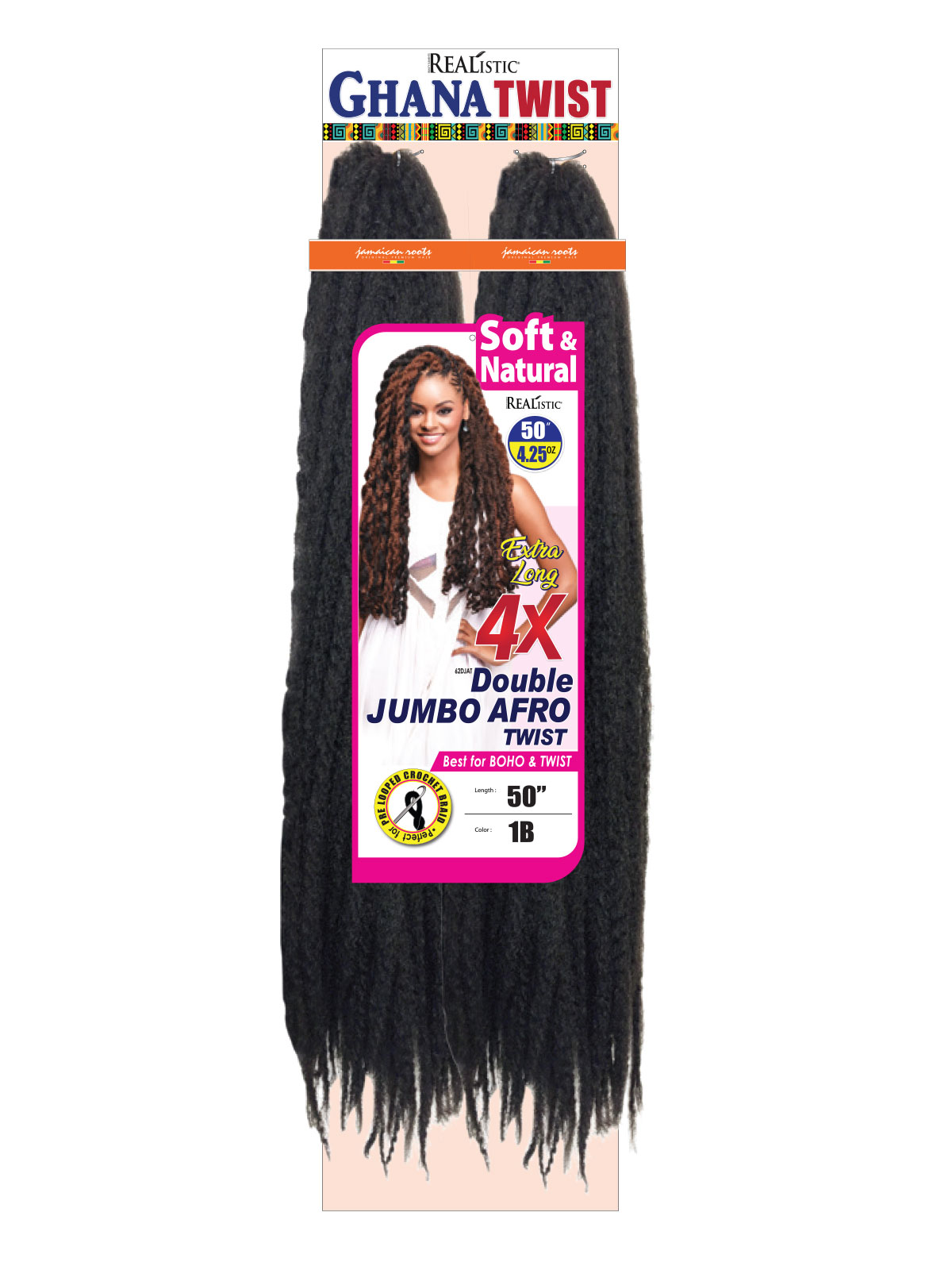 Realistic Ghana Twist - 4X Double Jumbo Afro Twist - Pre-looped crochet braiding hair - 50 inch - color: 1B - Best for BOHO and Twist