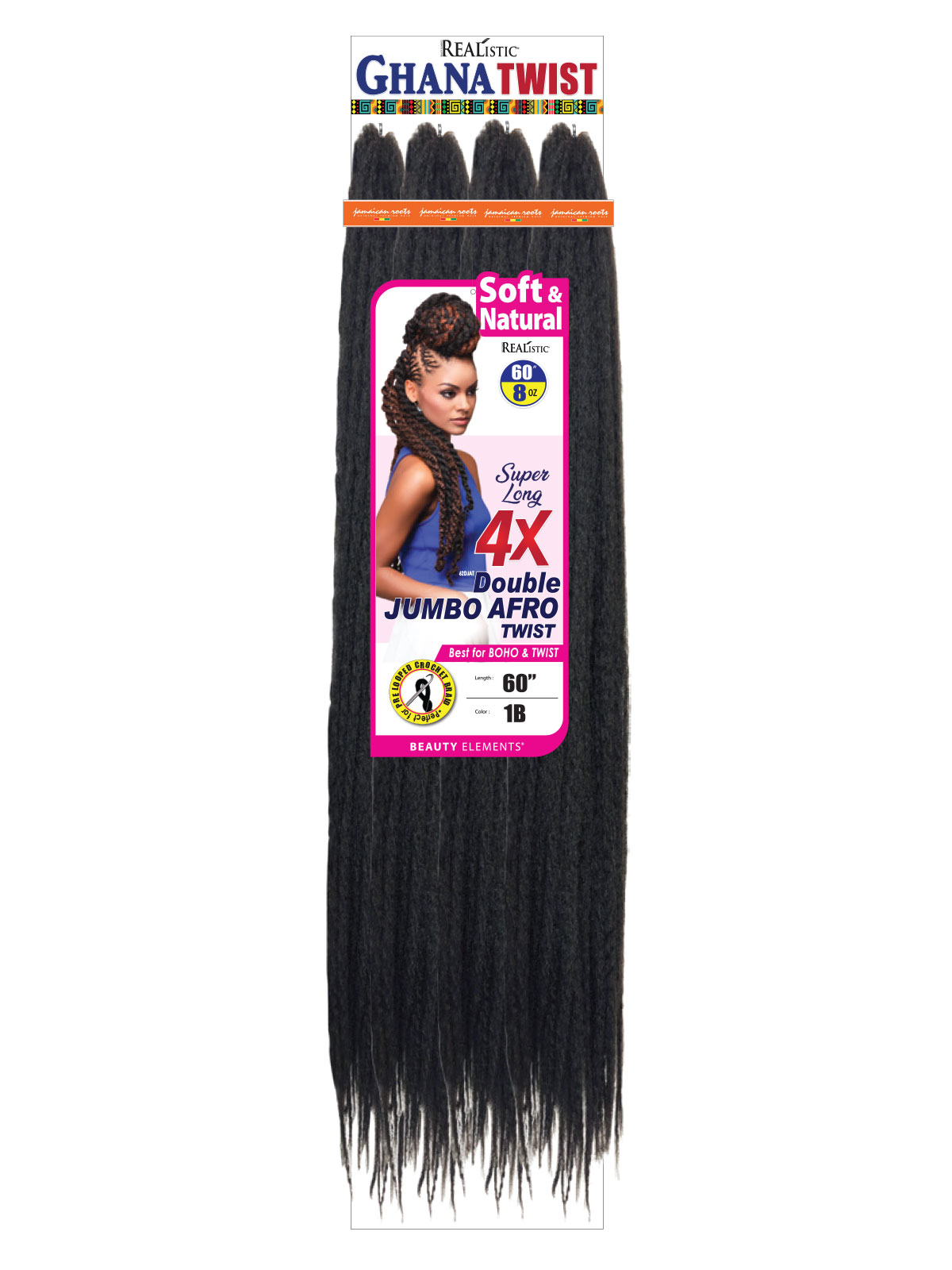 Realistic Ghana Twist - super long 4X Double Jumbo Afro Twist - Pre-looped crochet braiding hair - 60 inch - color: 1B - Best for BOHO and Twist