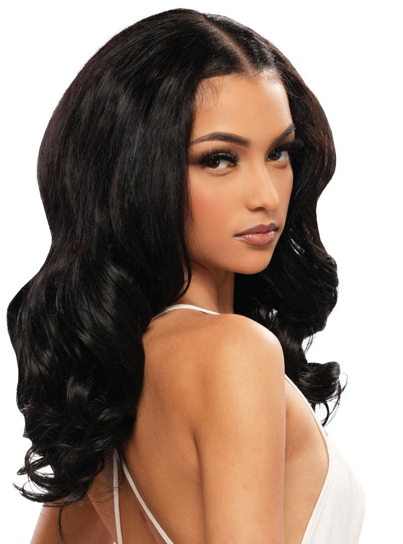 Woman wearing a weave made out of Realistic Coconut - Romance Girl 24" - color: 1B - Single wefted weaving hair bundle - Organic Coconut Oil Infused Weaving Hair