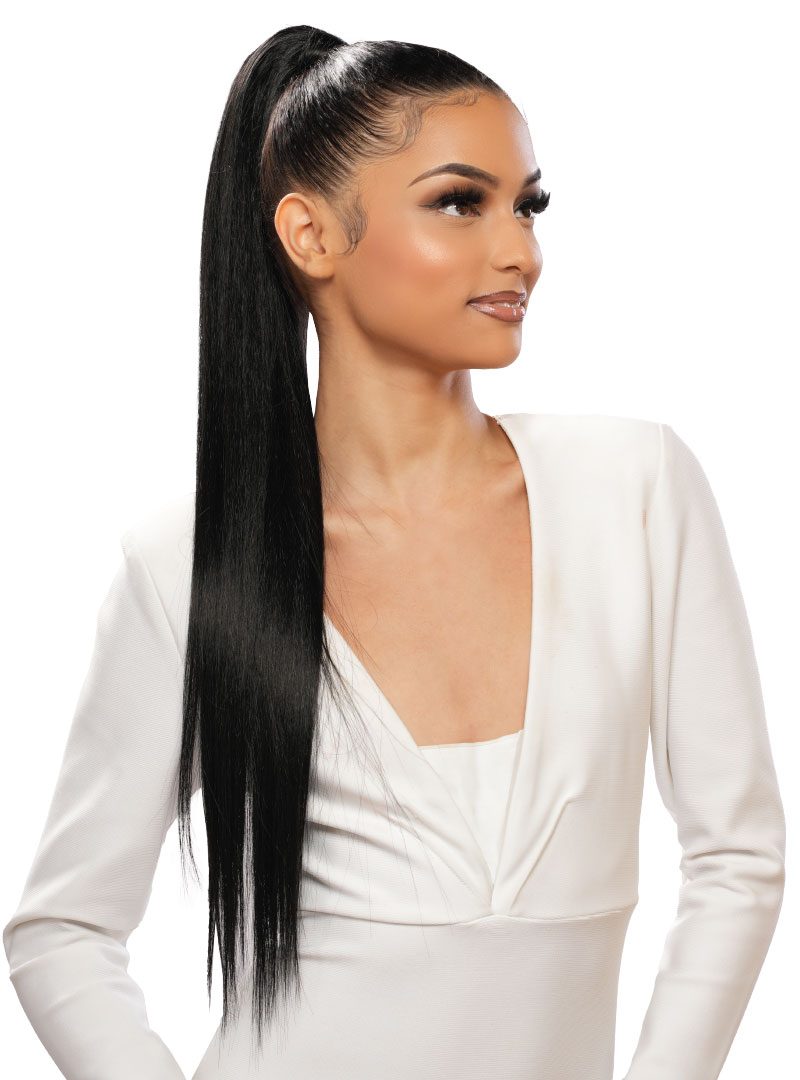 Woman wearing a ponytail made out of Realistic Coconut - Straight 24" - color: 1B - Single wefted weaving hair bundle - Organic Coconut Oil Infused Weaving Hair
