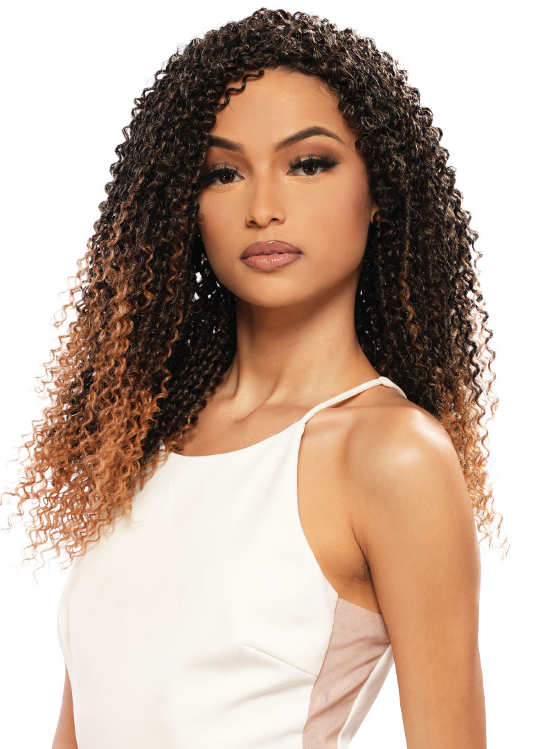 woman wearing a weave mead of Realistic Coconut - Water Wave 24" - color: T1B27 - Single wefted weaving hair bundle - Organic Coconut Oil Infused Weaving Hair