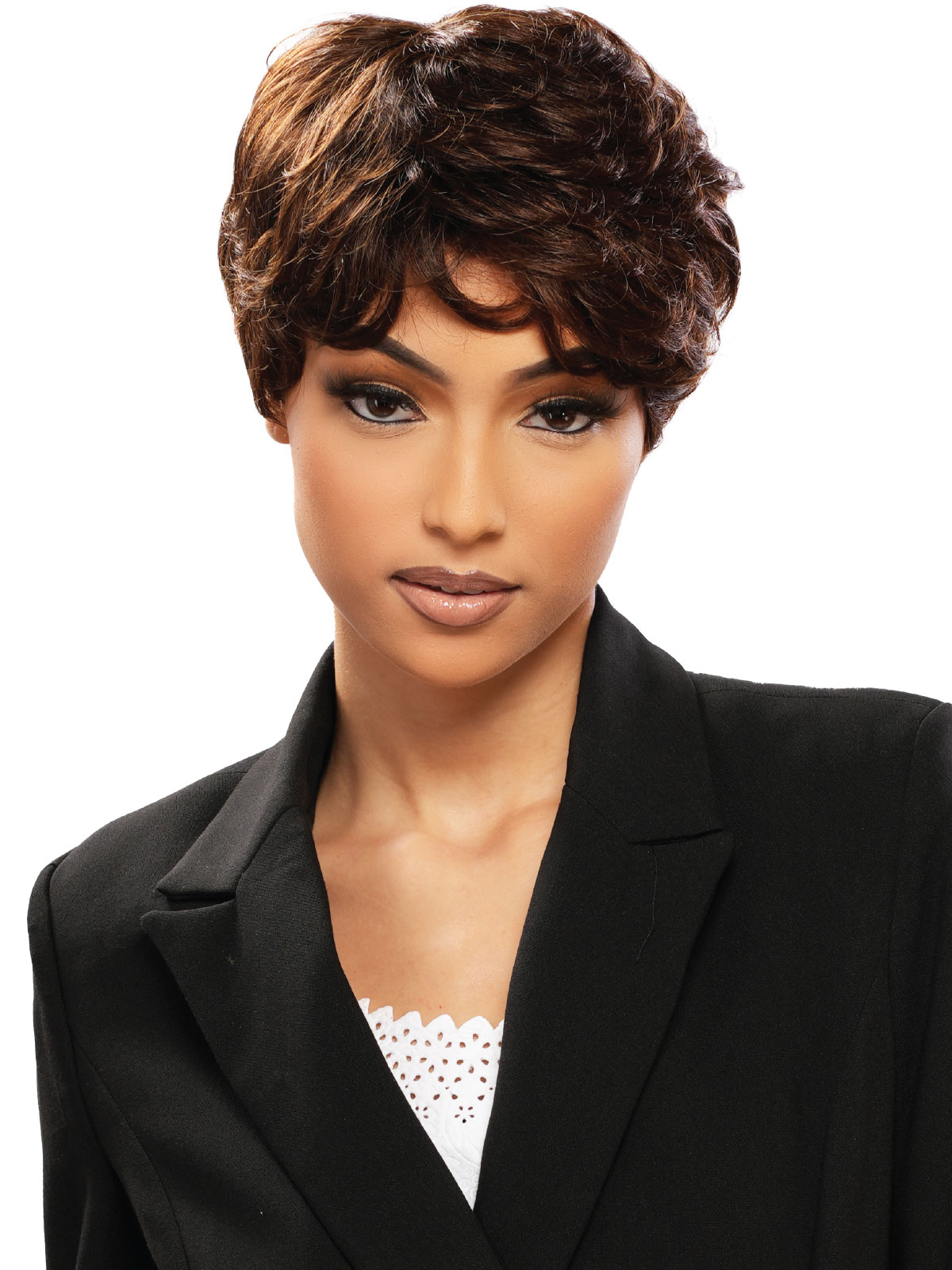 woman wearing a Destiny Green Wig - Human Hair DARLA - 100% Remi Human Hair - Color: 1B - Pixie cut