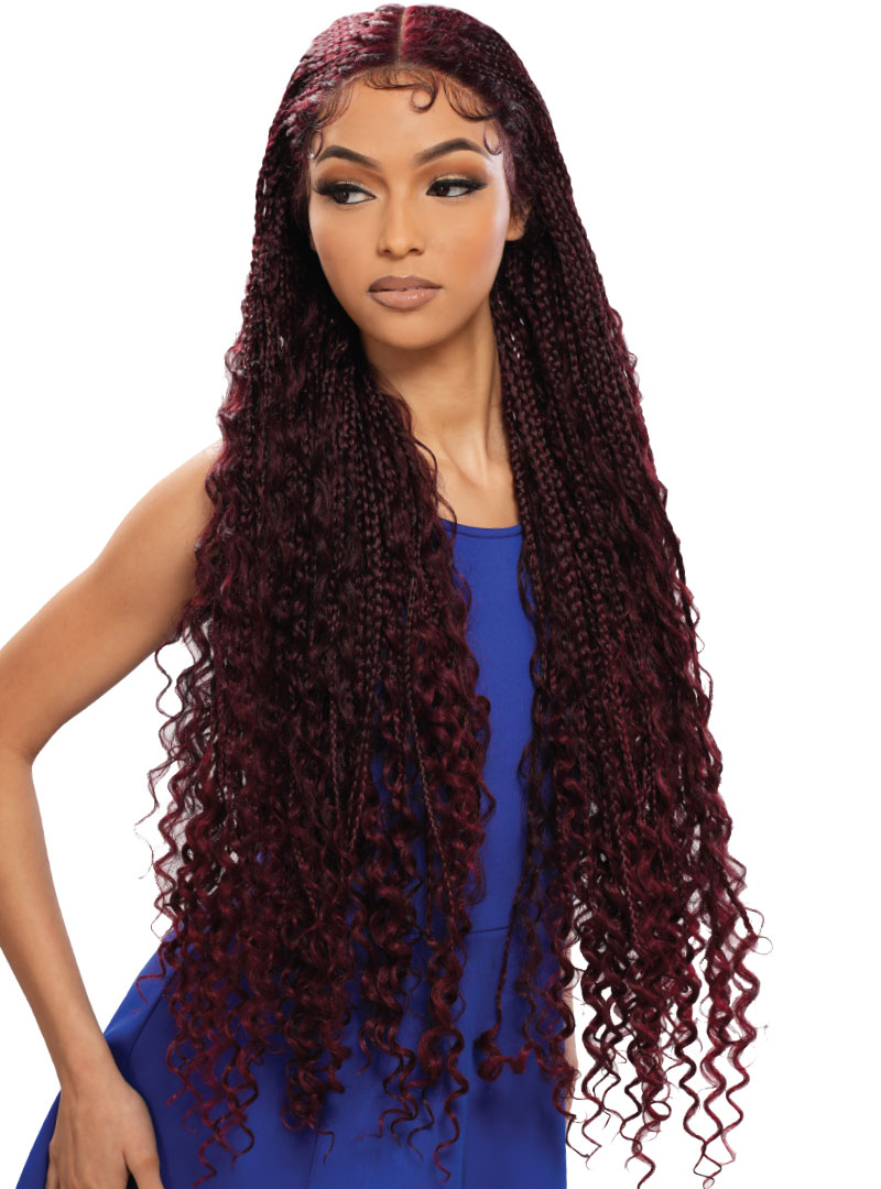woman wearing Destiny Green Wig - BOHO Fulani 36 inch - Color: T1BBG - BOHO style glueless and knotless wig