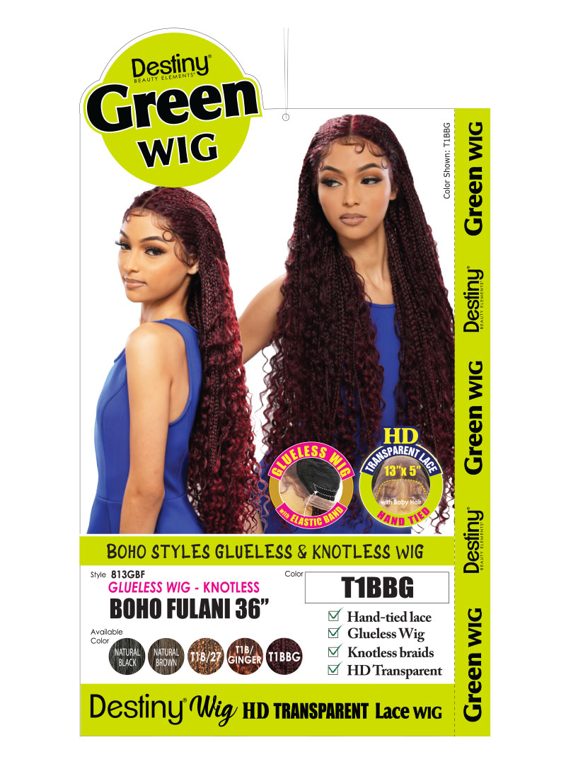 Destiny Green Wig - BOHO Fulani 36 inch - Color: T1BBG - BOHO style glueless and knotless wig