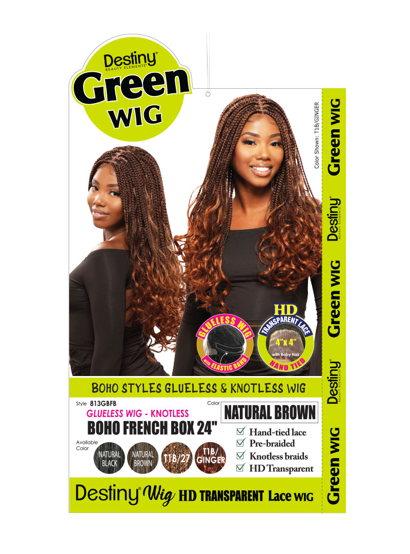 Destiny Green LACE GLUELESS Wig - Knotless BOHO FRENCH BOX 24" (4"x4" HD LACE)