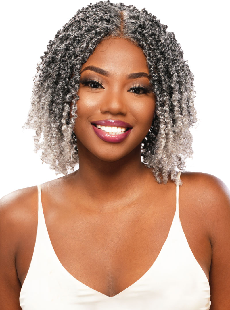 woman wearing a Destiny Green LACE GLULESS Wig - Bohemian YANKI TWIST - Color: T1BGRAY - soft and natural - 100% hand made
