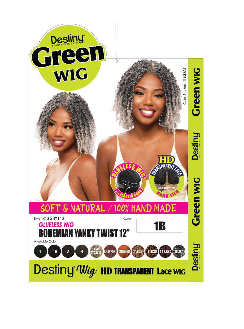 Destiny Green LACE GLULESS Wig - Bohemian YANKI TWIST - Color: 1B - soft and natural - 100% hand made