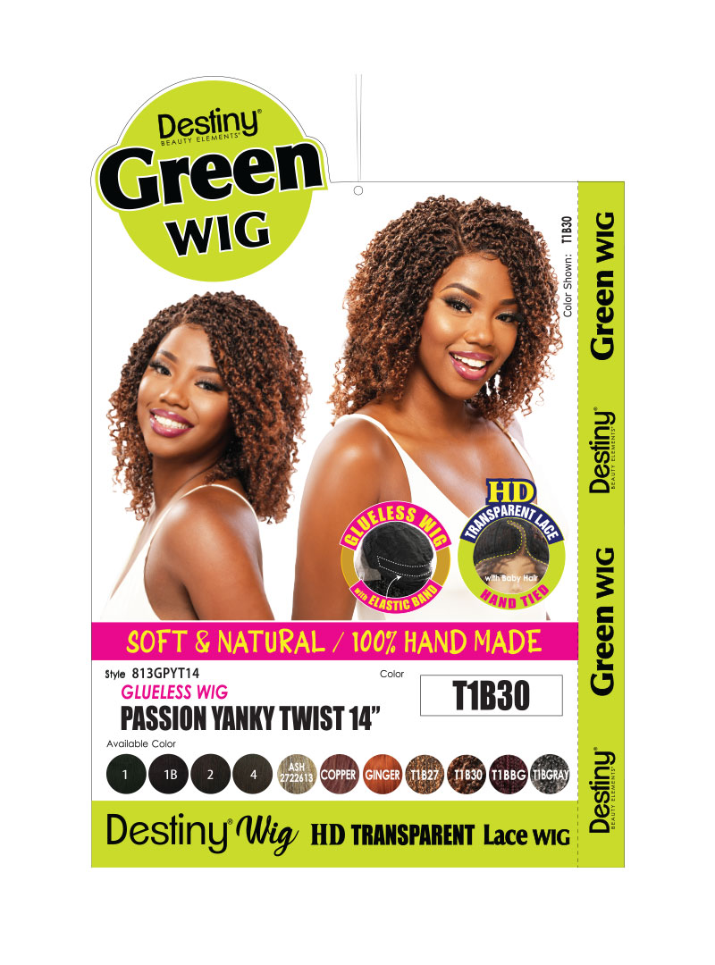 Destiny Green LACE GLULESS Wig - Passion YANKI TWIST 14" - Color: T1B30 - Soft and Natural - 100% Hand Made - HD transparent lace
