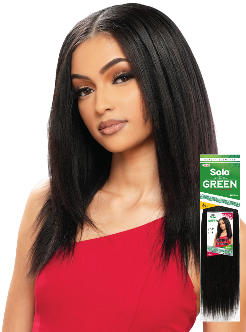 woman wearing a weave made of Bijoux Human Hair Solo REMI GREEN KINKY STRAIGHT 10" - color: 1B - 100% Human Hair - wefted human hair extensions
