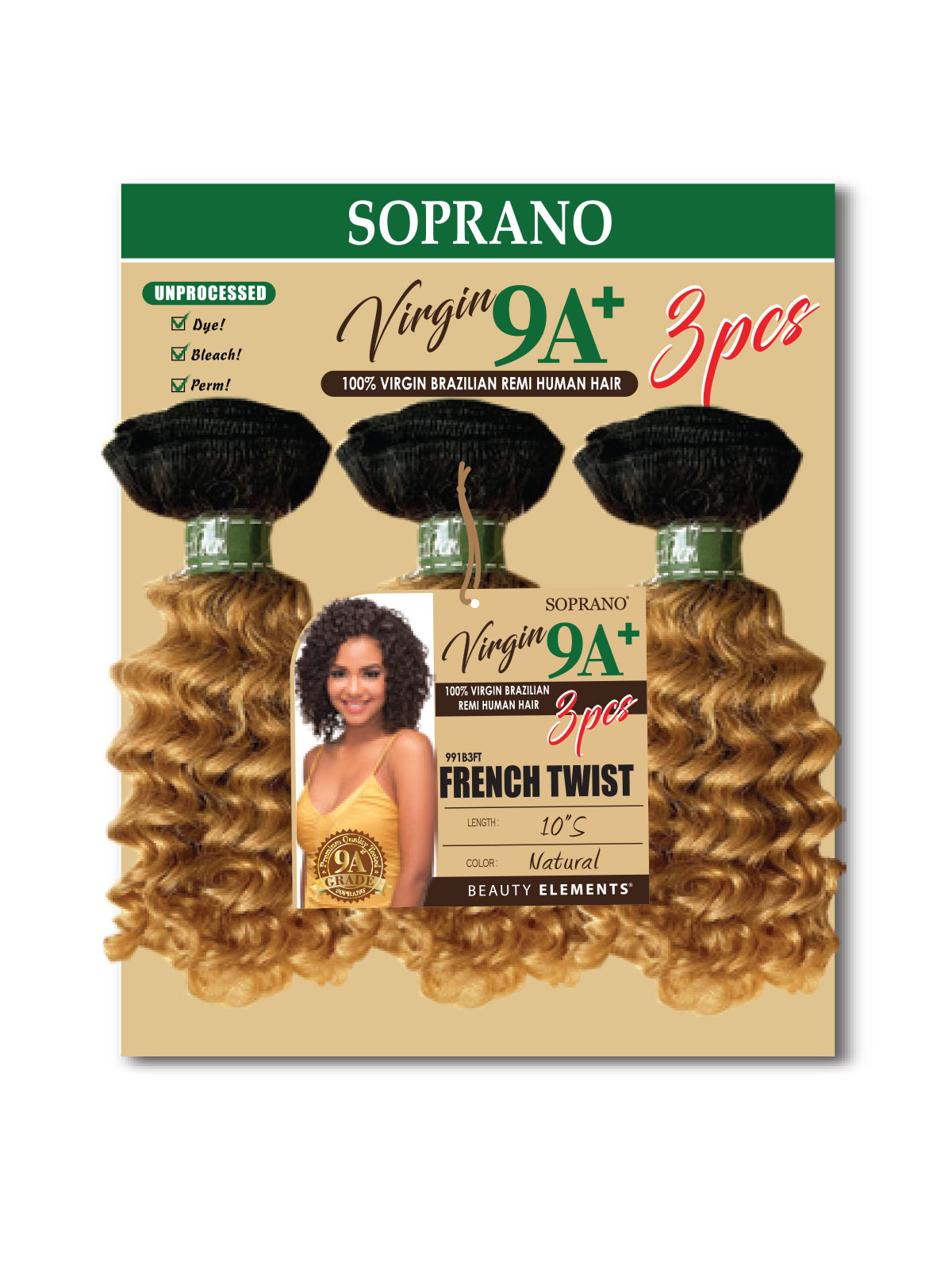 Soprano Virgin 9A+ - 100% Virgin Brazilian Remi human hair - French Twist 10 inch - 3 piece - wefted hair bundles