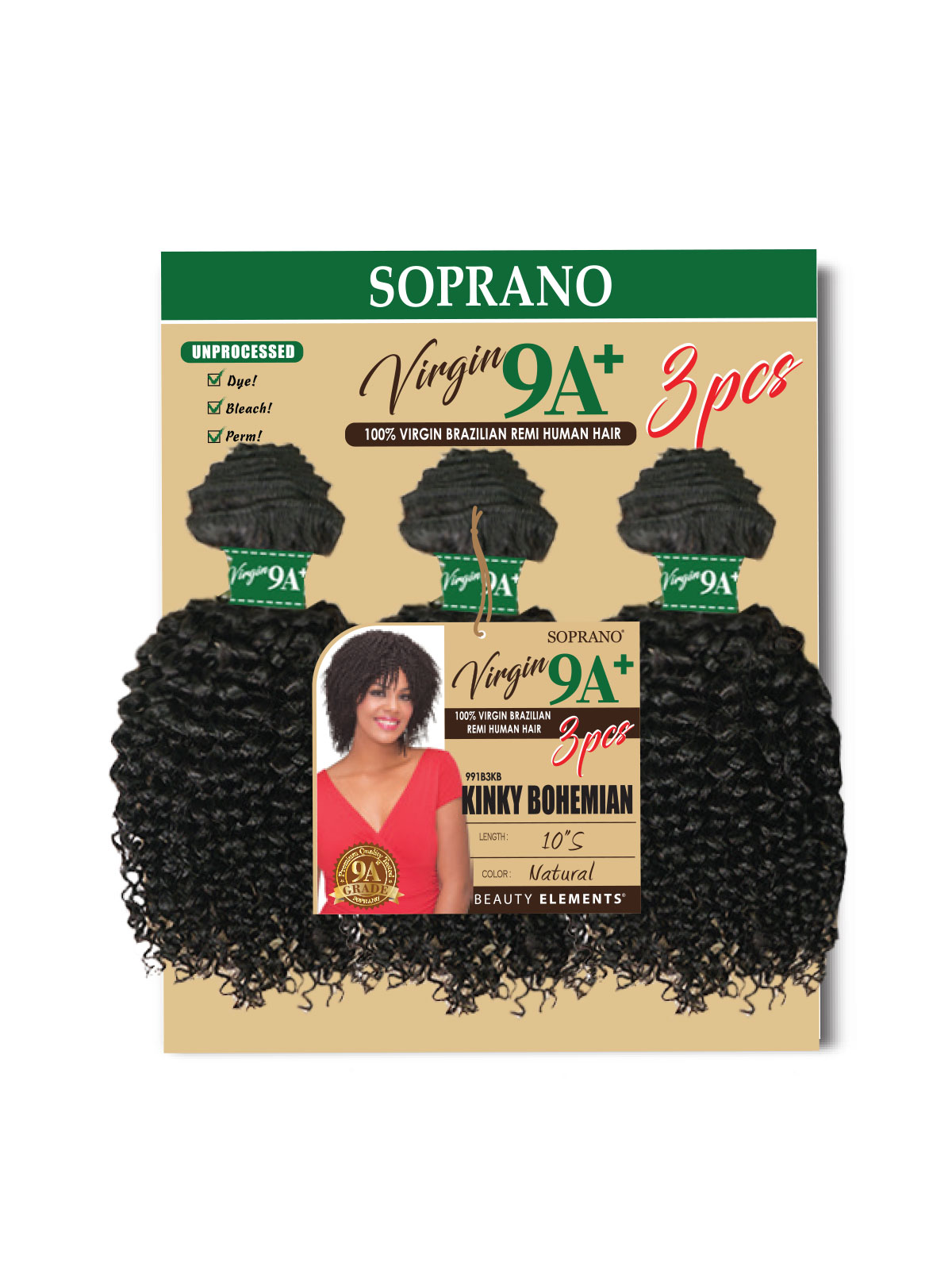 Soprano Virgin 9A+ - 100% Virgin Brazilian Remi human hair - Kinky Bohemian 10 inch - 3 piece - wefted human hair bundles