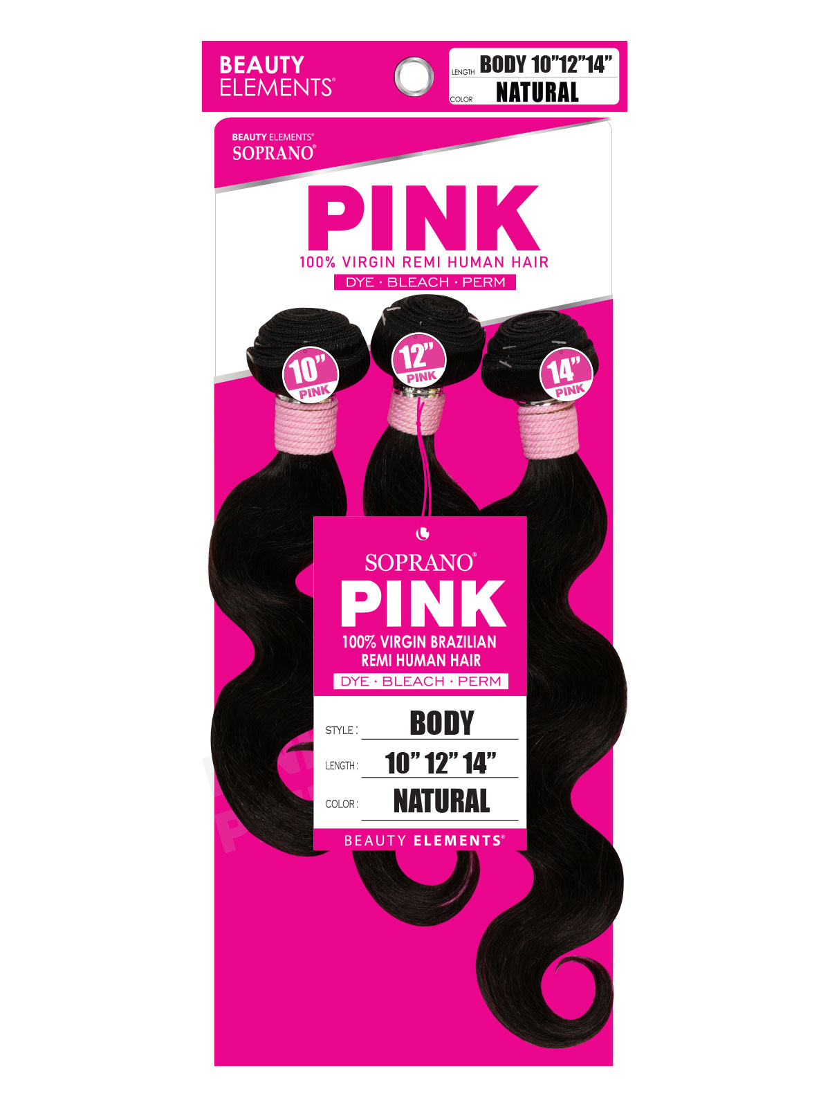 Soprano Pink - 100% Virgin Remi Human Hair - Yaki Body 10" 12" 14" - color: Natural - 3 piece wefted human hair bundles - weaving human hair