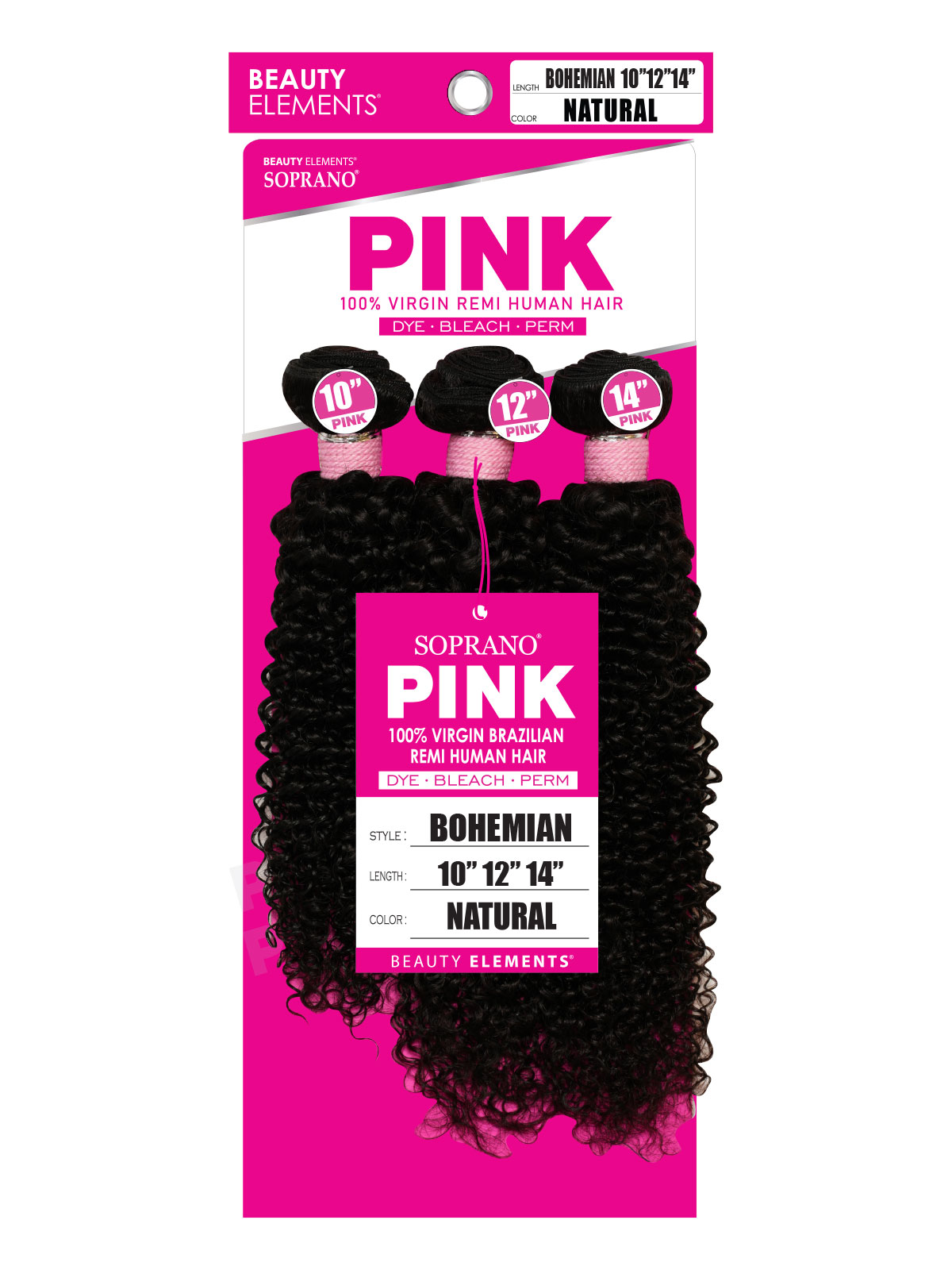 Soprano Pink - 100% Virgin Remi Human Hair - Yaki Bohemian 10" 12" 14" - color: Natural - 3 piece wefted human hair bundles - weaving human hair