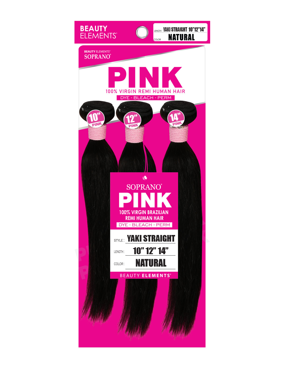 Soprano Pink - 100% Virgin Remi Human Hair - Yaki Straight 10" 12" 14" - color: Natural - 3 piece wefted human hair bundles - weaving human hair