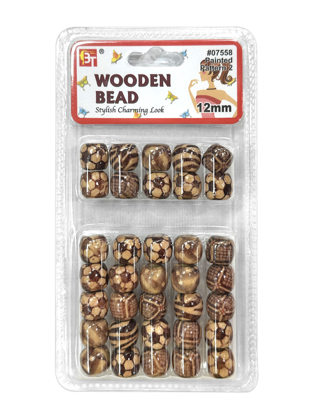 BT #7558 WOODEN BEADS 12MM PATTERN 2 - DZ