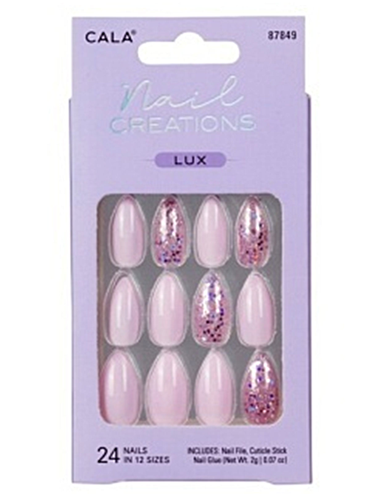CALA #87849 STILETTO LAVENDER W/ GLITTER-24PC NAIL KIT- 6PCS/PK