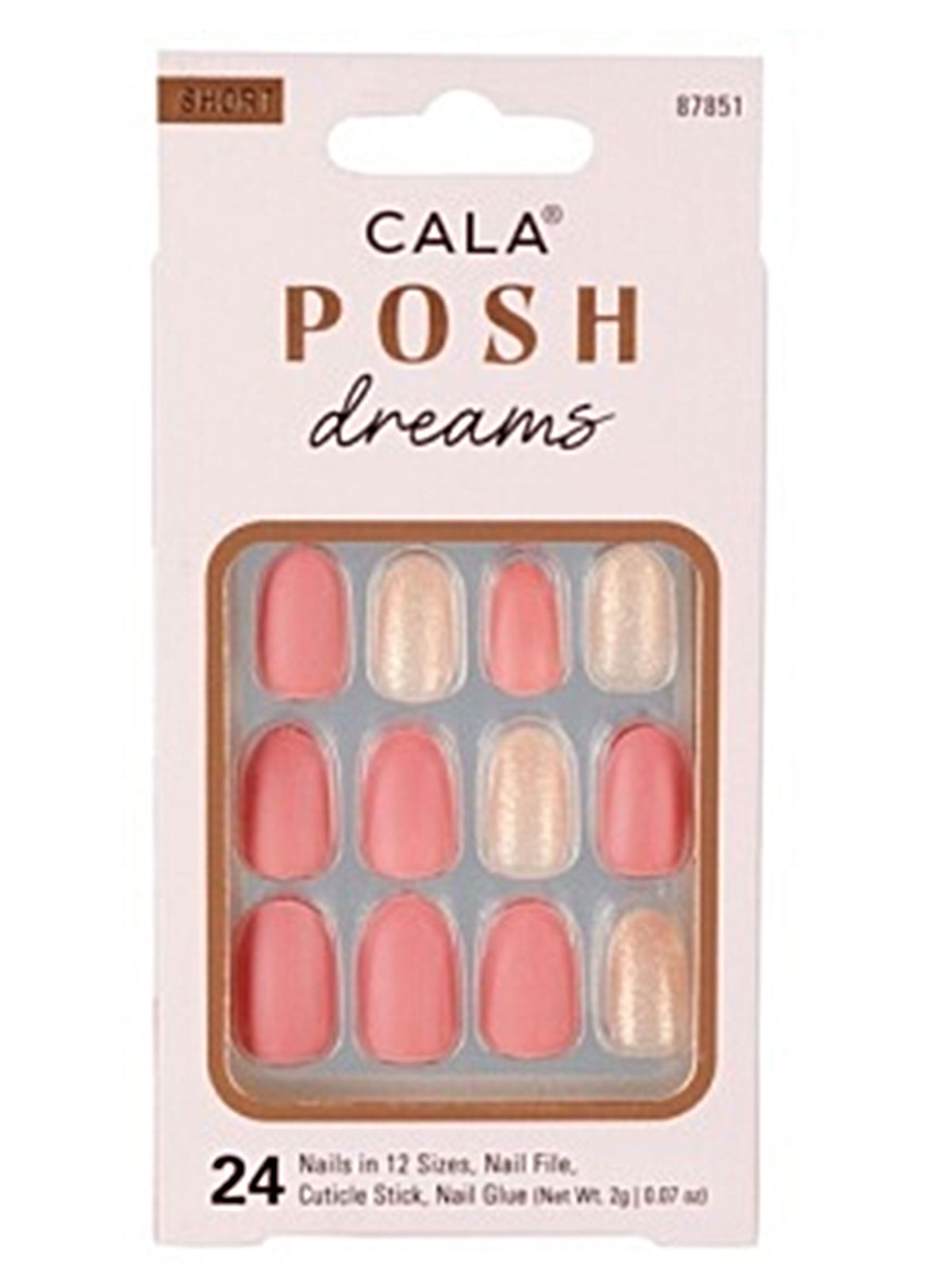 CALA #87851 SHORT OVAL DARK PINK/GLITTER 24 PCS NAIL KIT- 6PCS/PK