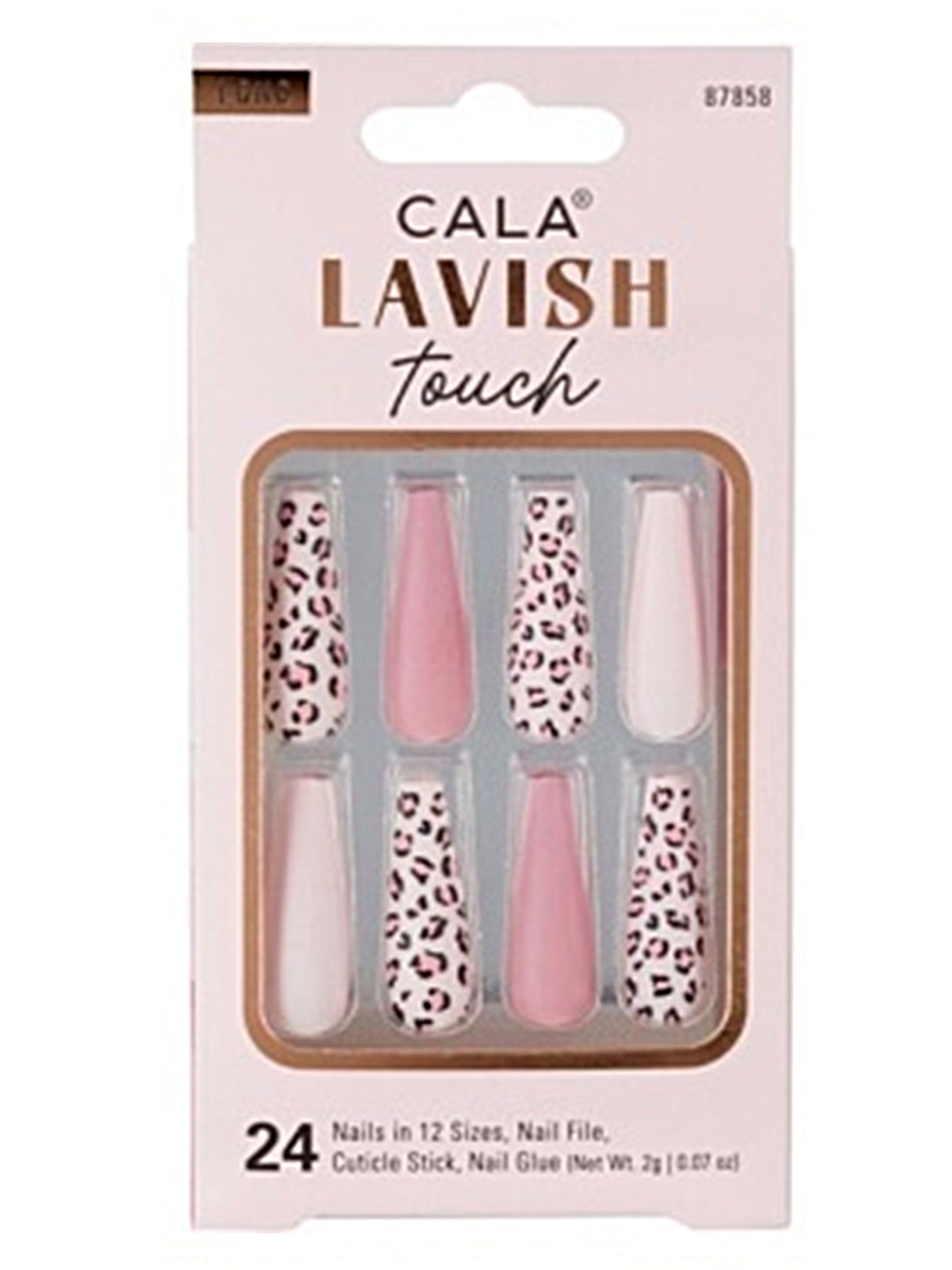 CALA #87858 LONG COFFIN PINK/ANIMAL PRINT- 24 PCS NAIL KIT- 6PCS/PK