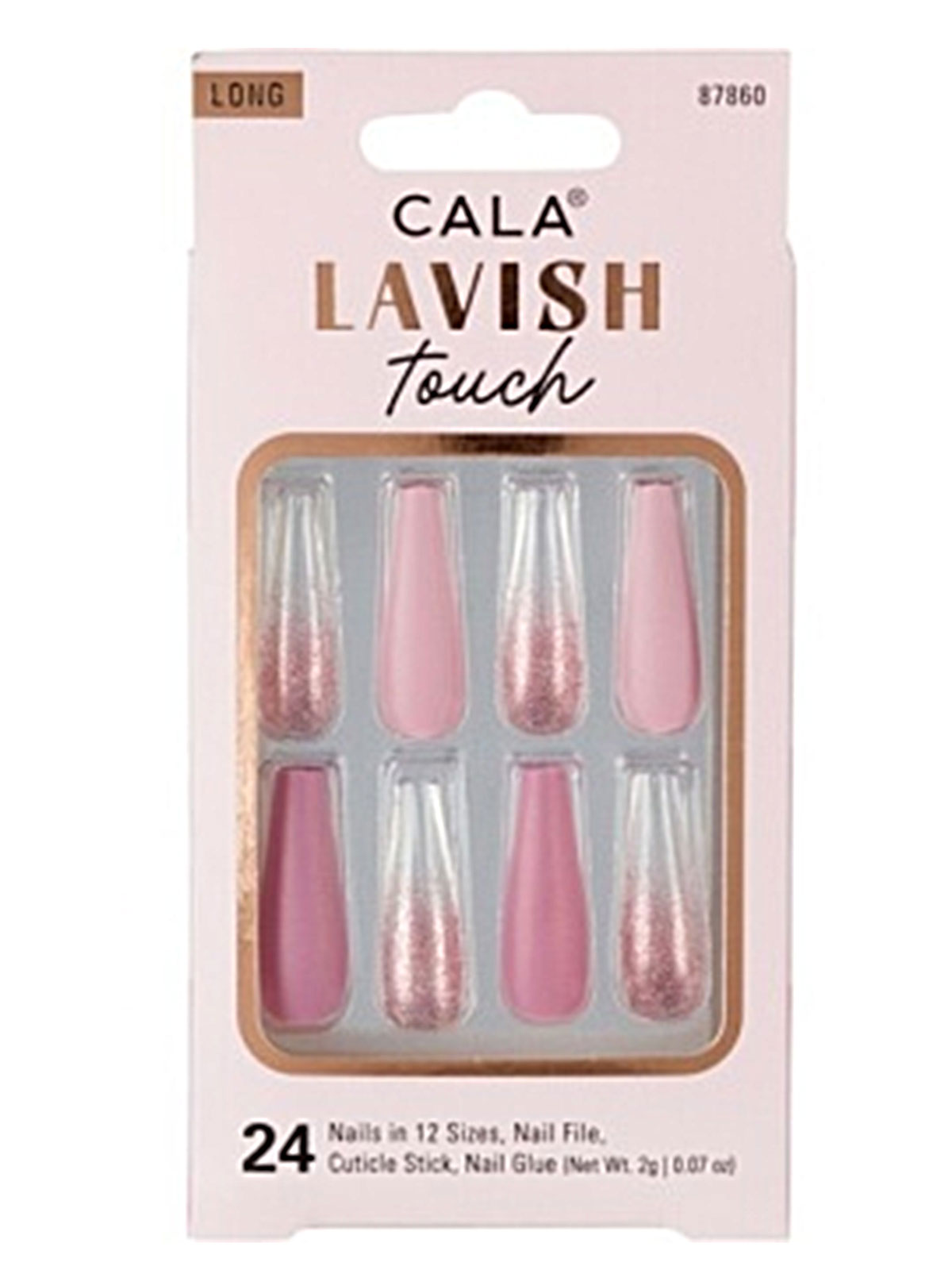 CALA #87860 LONG COFFIN PINK W/ GLITTER- 24 PCS NAIL KIT- 6PCS/PK
