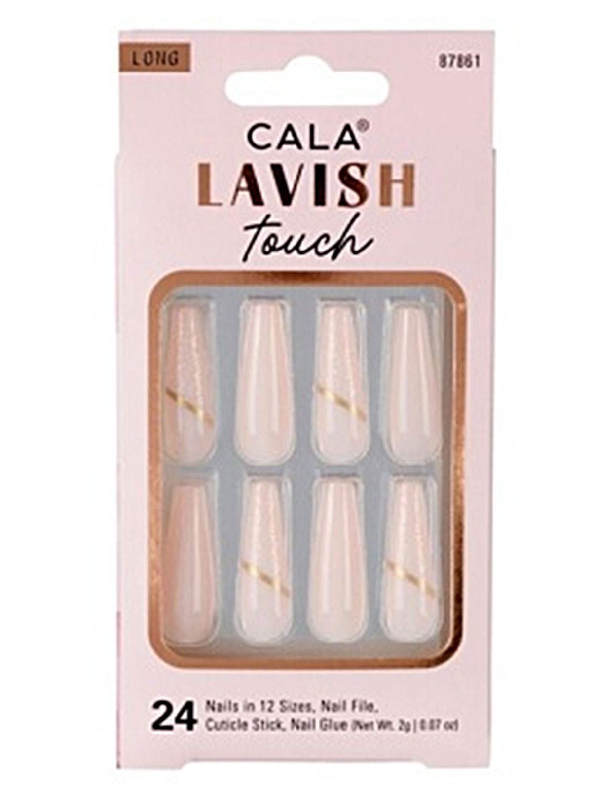 CALA #87861 LONG COFFIN LIGHT PINK W/GLITTER- 24PC NAIL KIT- 6PCS/PK