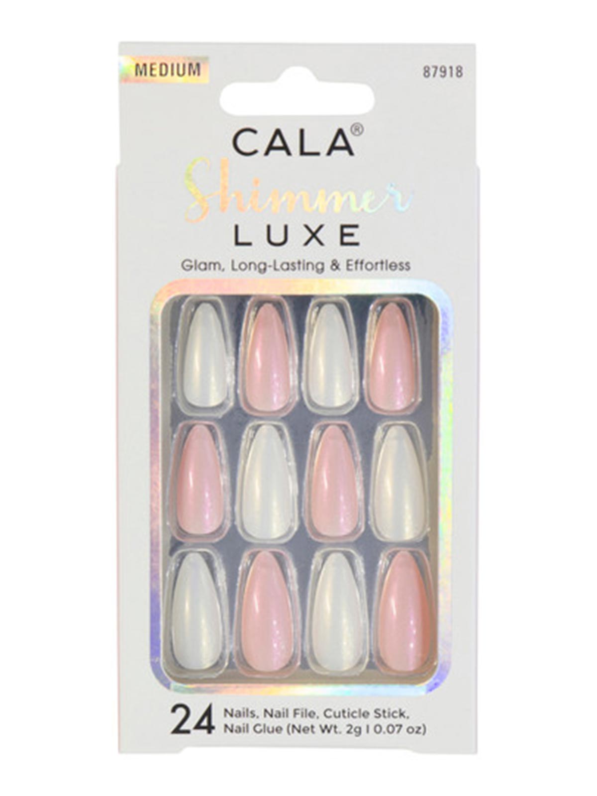 CALA #87918 MED RADIANT SHIMMER LUXE ALMOND PINK/WHITE 24PCS NAIL KIT - 6PC/PK
