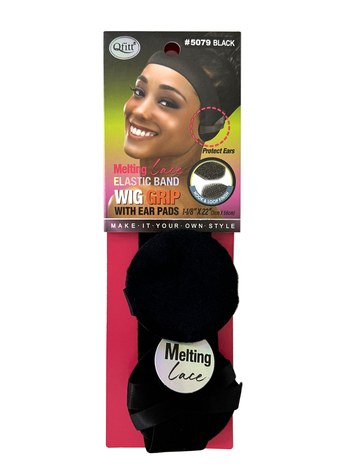 Q-FITT #5079 MELTING ELASTIC WIG GRIP WITH EAR PAD (1-1/8IN) BLACK