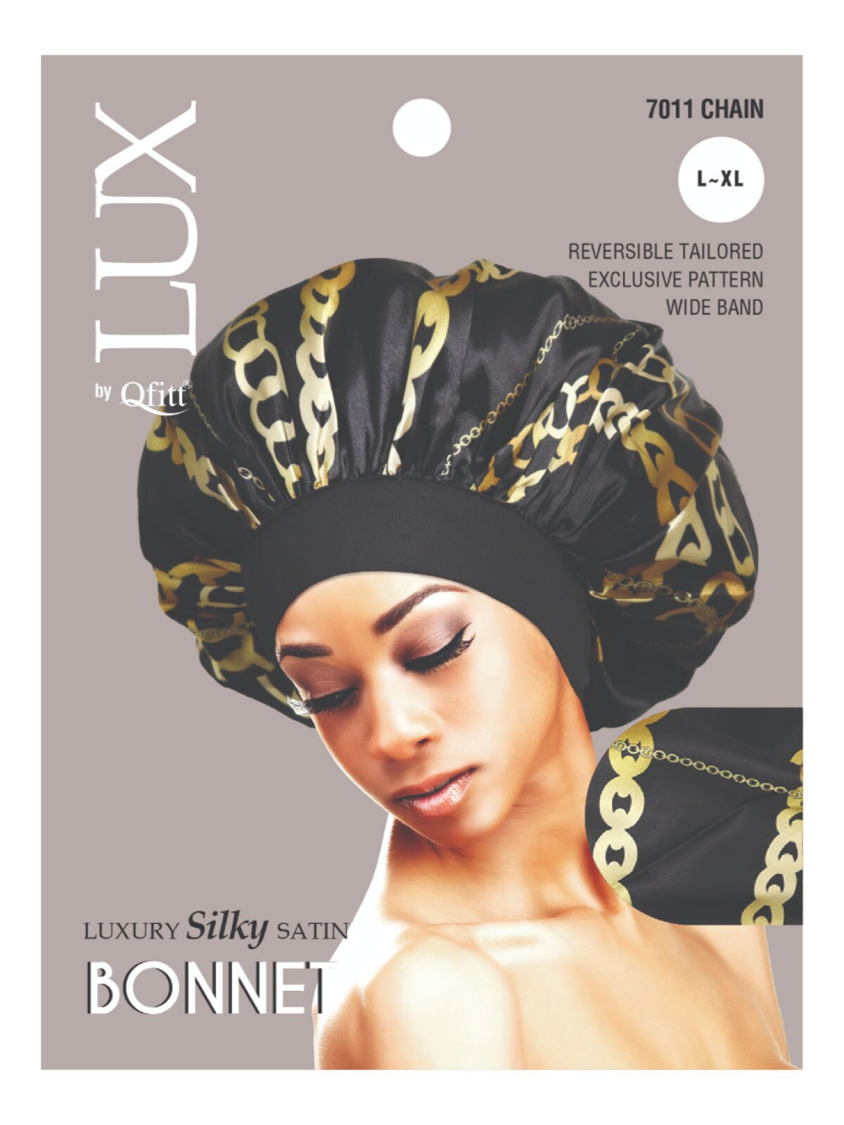 Lux by Qfitt - Luxury Silky Satin Bonnet - 7011 Chain - size: L-XL - Reversable Tailored Wide Band