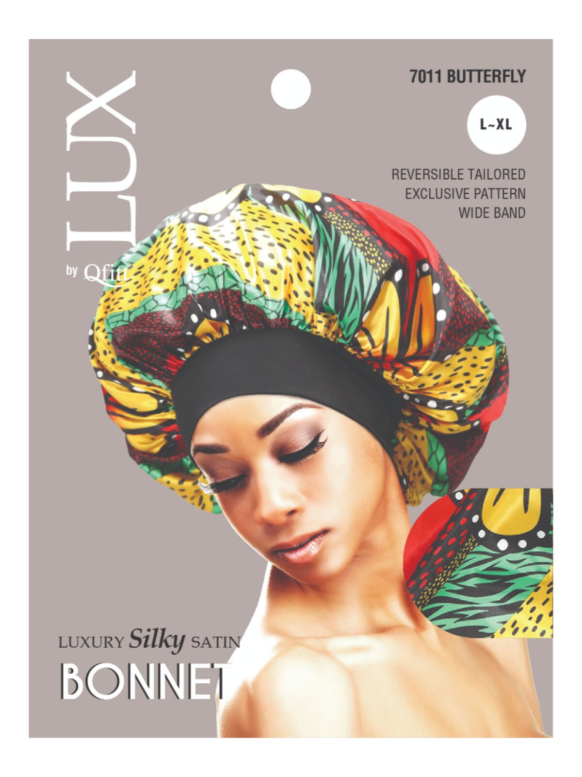 Lux by Qfitt - Luxury Silky Satin Bonnet - 7011 Butterfly - size: L-XL - Reversable Tailored Wide Band