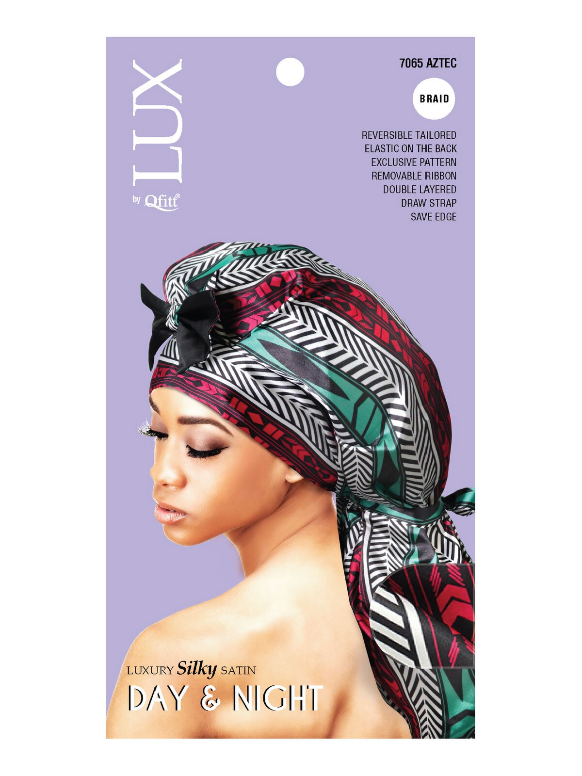 Lux by Qfitt - Luxury Silky Satin Day and Night - 7065 Aztec - size: Braid - Reversable Tailored, Elastic on the back, exclusive patterns, removable ribbon, double layered, draw strap, save edge