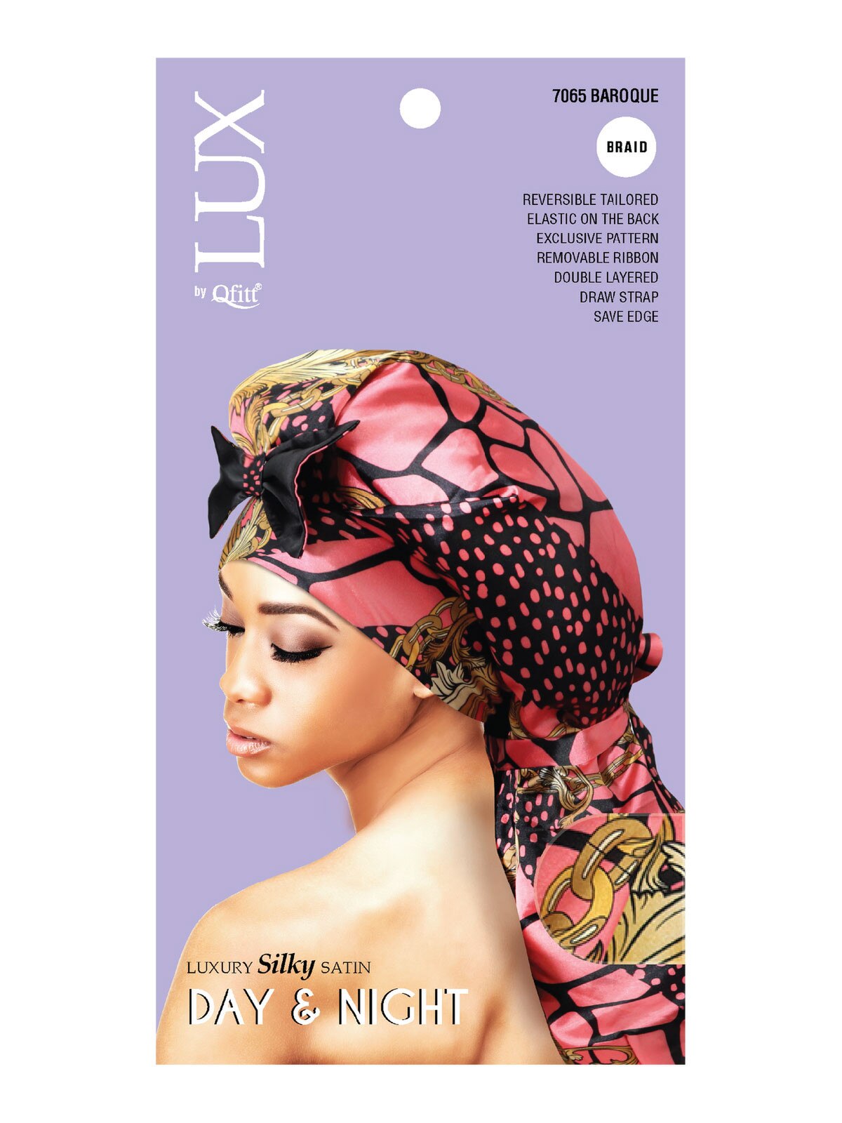 Lux by Qfitt - Luxury Silky Satin Day and Night - 7065 Baroque - size: Braid - Reversable Tailored, Elastic on the back, exclusive patterns, removable ribbon, double layered, draw strap, save edge