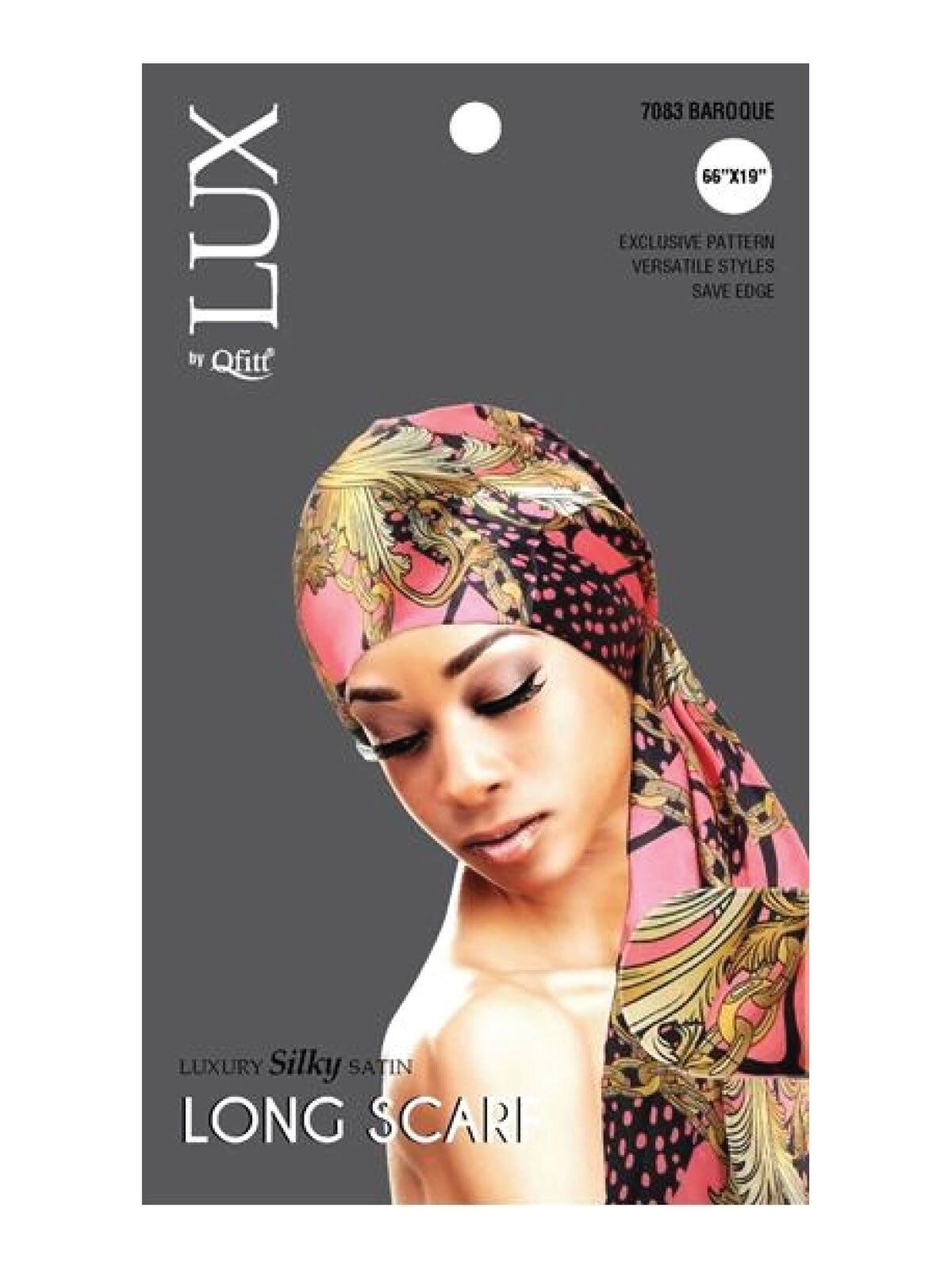 Lux by Qfitt - Luxury Silky Satin Long Scarf - 7083 Baroque - size: 66" x 19" - Exclusive patterns, versatile style, save edge