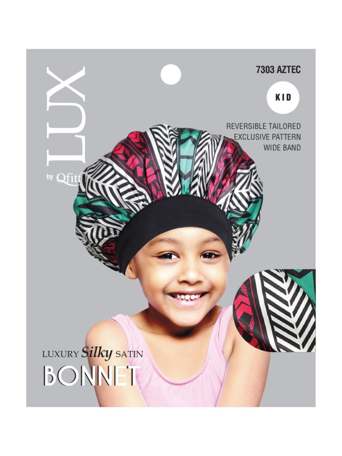 Lux by Qfitt - Luxury Silky Satin Bonnet - 7303 Aztec Kid - Reversable tailored, exclusive pattern, wide band